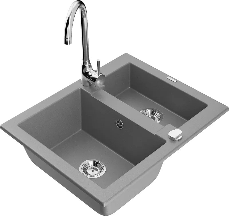 Mexen Carlos granieten gootsteen met 1,5 bak met Telma keukenmengkraan, grijs - 6518-71-670200-00