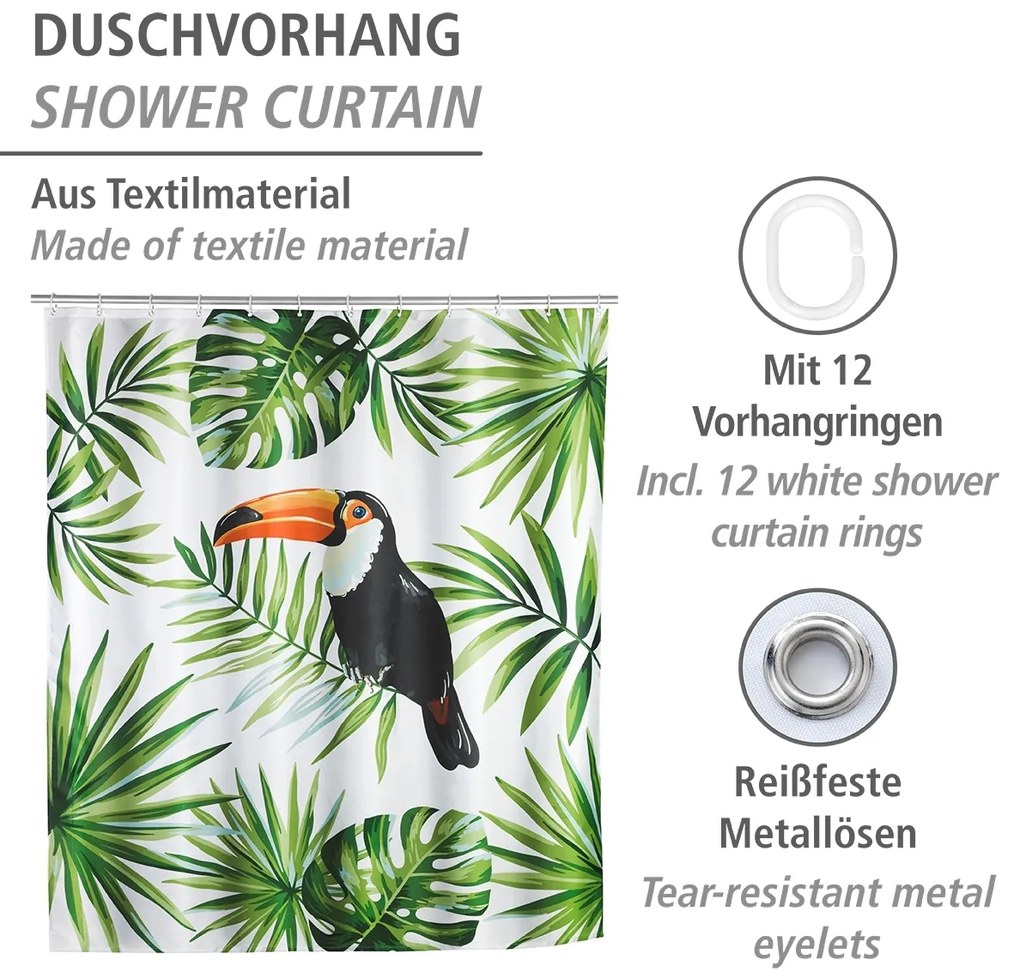 Wenko douchegordijn 180x200cm Tucan inclusief ringen