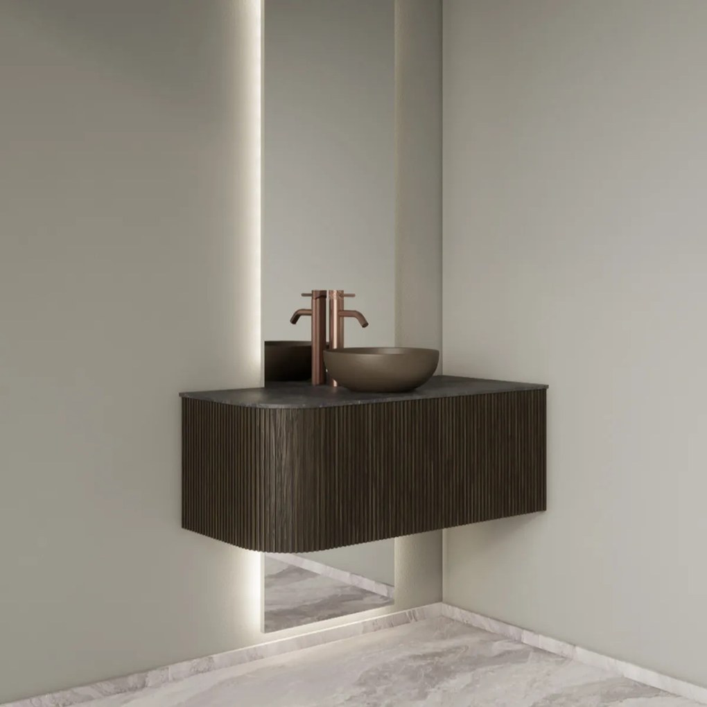 Gliss Design Alluro badmeubel ribbelfront met ronding links 100cm charcoal en zwart leisteen toppaneel