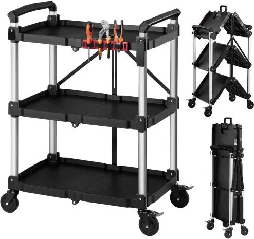 VEVOR Service-/Werkplaatstrolley van ABS, opvouwbaar, 790x500x1050 mm, zwart, rolwagen met een draagvermogen van 136 kg, inclusief 3 niveaus, 4 zwenkwielen en handgrepen, afsluitbaar, multifunctionele trolley voor garage, magazijn en werkplaats