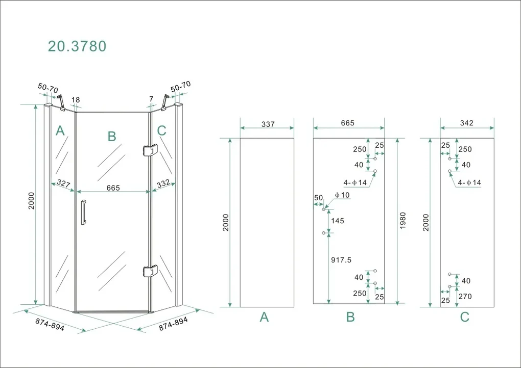 Mueller State douchecabine vijfhoek 90x90cm anti-kalk