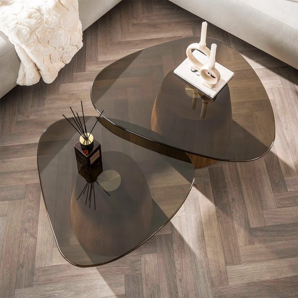 Driehoekige Salontafelset Met Rookglas - 91 X 75cm.