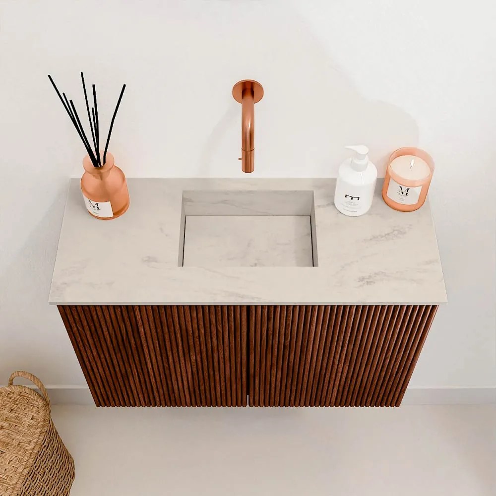 Mondiaz Joya DLux 60cm toiletmeubel ruby met wastafel faye midden zonder kraangat opalo