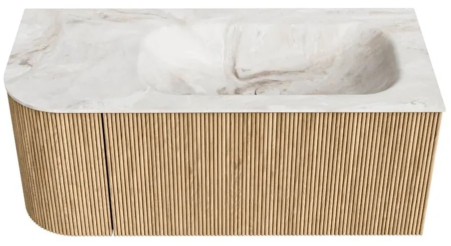 Mondiaz Kurve-dlux 105cm badmeubel ronding links oak met 1 lade en deur en wastafel big small rechts zonder kraangat frappe