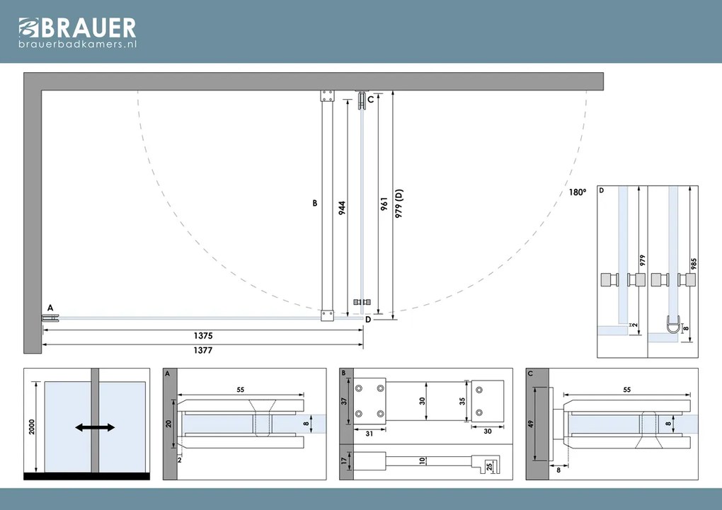 Brauer Void Carving profielloze douchecabine 100x140cm RVS geborsteld PVD