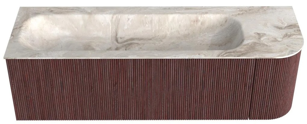 Mondiaz Kurve-dlux 145cm badmeubel ronding rechts ruby met 1 lade en deur en wastafel big large links zonder kraangat frappe