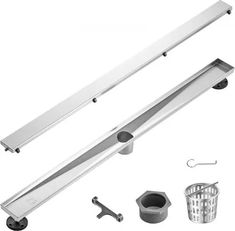 VEVOR Doucheafvoer 914 x 70 x 70 mm Vloerafvoer 42,5 L/min Afvoergoot RVS 304 Afvoer Doucheafvoer Rechthoekige Douchevloerafvoer, Lineaire Afvoer met Stelvoeten, Haarzeef, Zilver