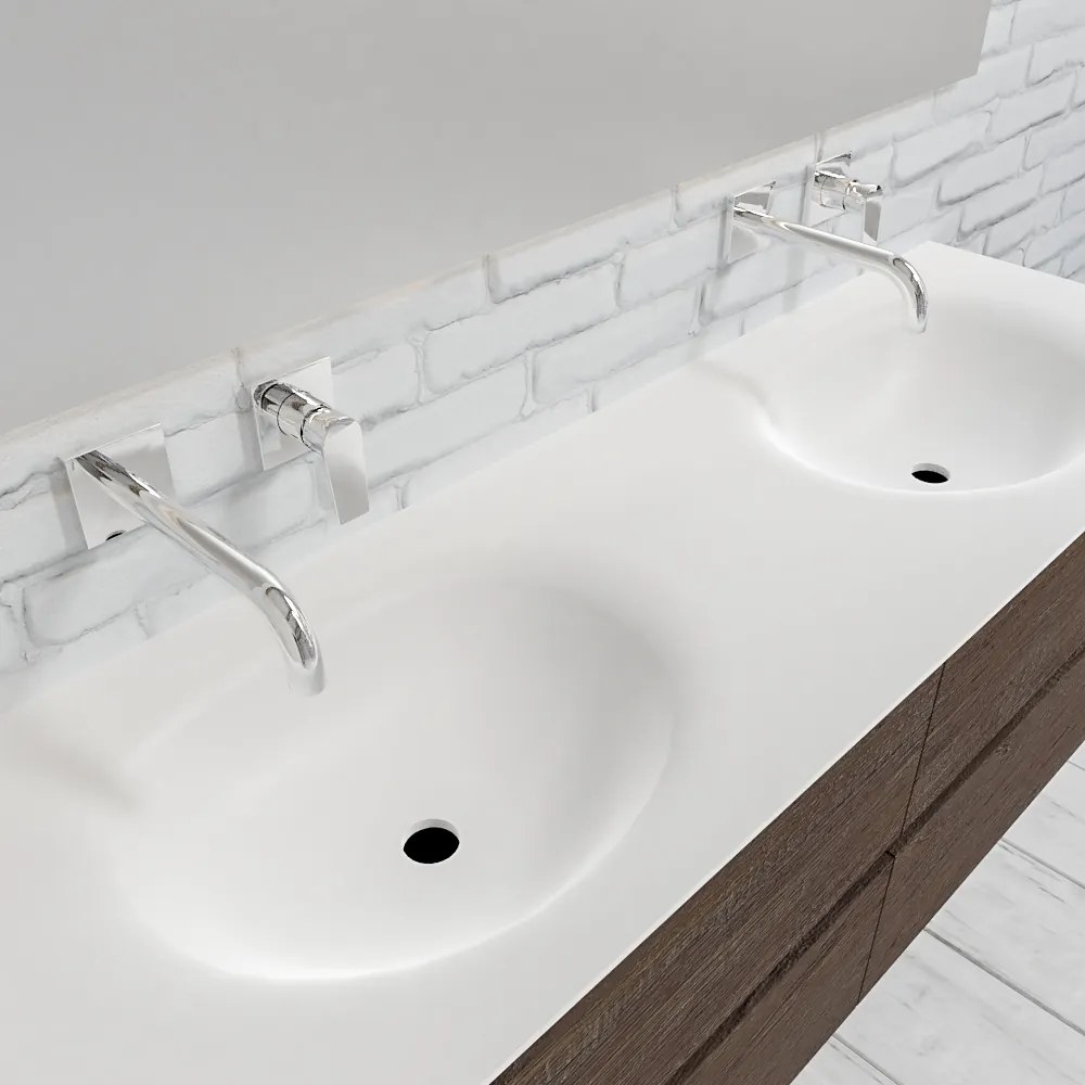 Zaro Sevilla Solid Surface badmeubel 150cm donker eiken zonder kraangat dubbele spoelbak met 4 lades