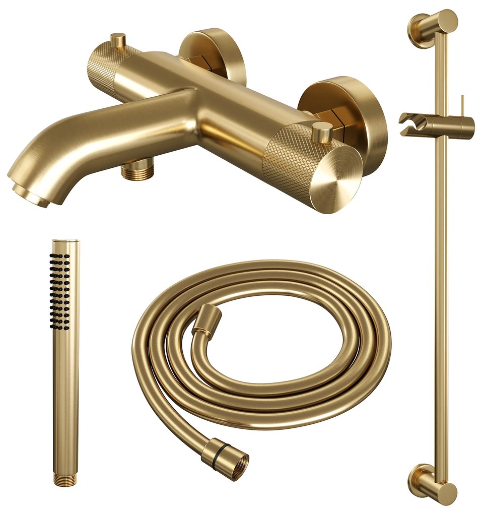 Brauer Gold Carving thermostatische badkraan met glijstang en staafhanddouche geborsteld messing PVD