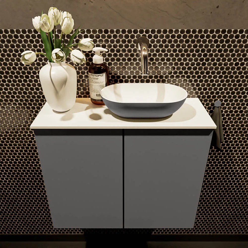 Mondiaz Fowy toiletmeubel 60cm dark grey met antraciete waskom rechts zonder kraangat