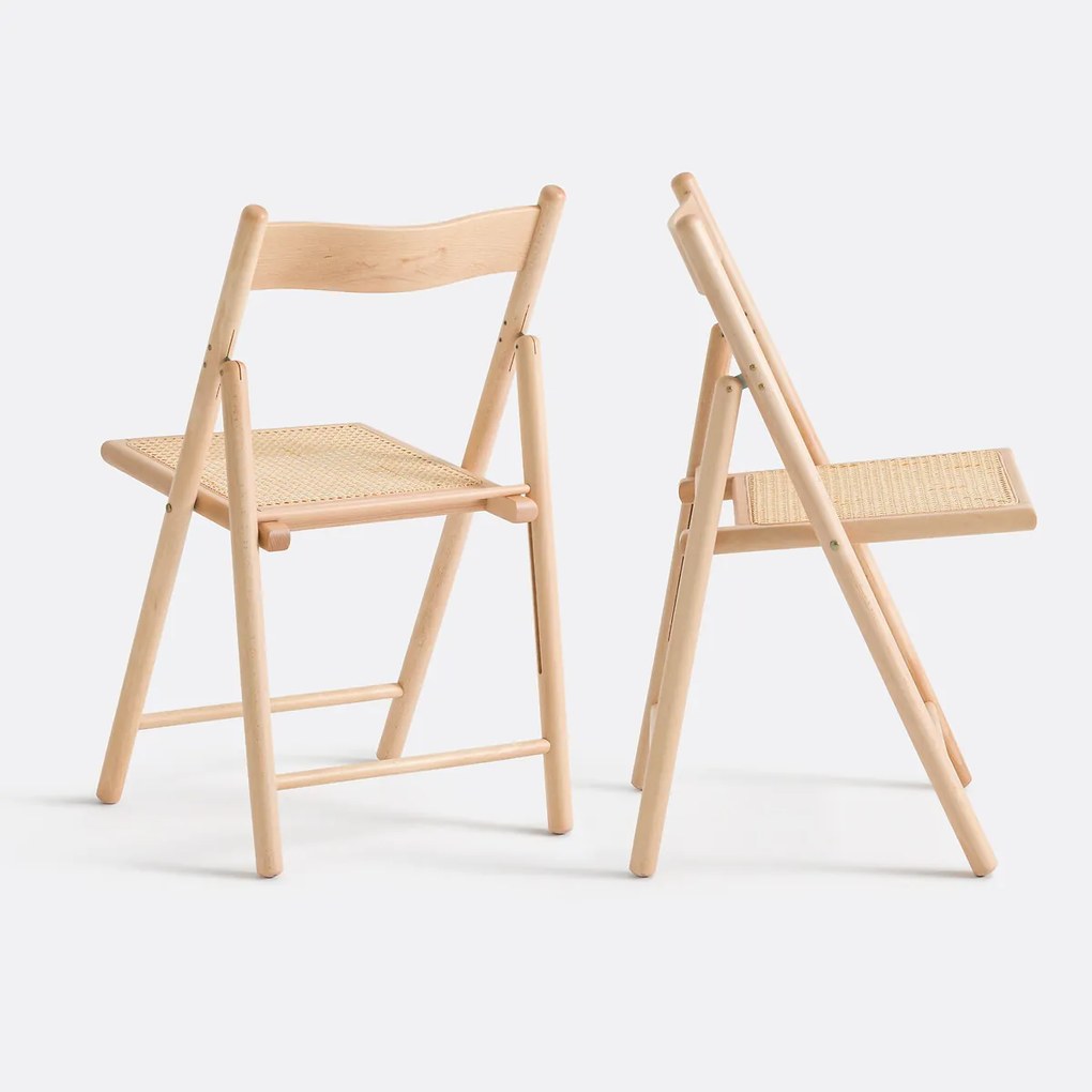 Set van 2 plooibare stoelen in beukenhout en rotan, Mauryn