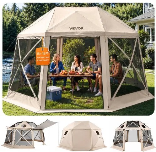 VEVOR Pop-up Paviljoen, 4,57 x 4,57 m, 13-zijdige, bolvormige kampeertent met afneembaar dak en draagtas, 360° ventilatie, zonnescherm, partytent voor 12-15 personen, beige