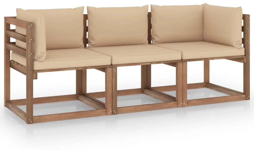 vidaXL Tuinbank 3-zits pallet met beige kussens grenenhout