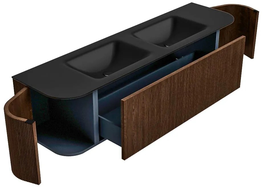 Mondiaz Kurve 170cm badmeubel ronding links/rechts walnut met 1 lade en 2 deuren en wastafel cloud dubbel zonder kraangat urban