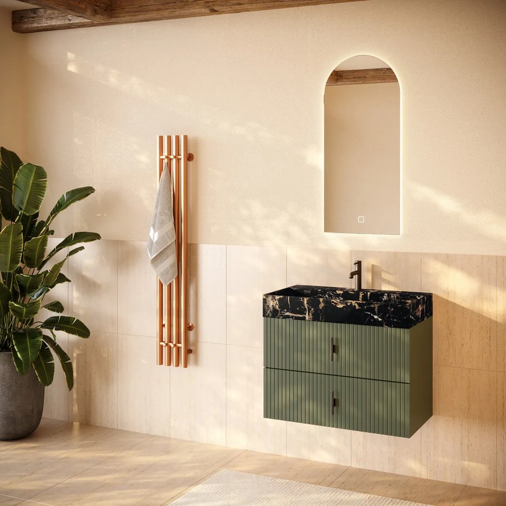 Muebles Murcia badmeubel ribbelfront 80cm legergroen met Portoro Gold wastafel met kraangat