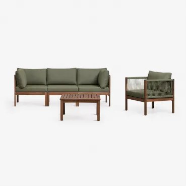 Tuinset Met 3-delige Modulaire Bank Met Armleuningen, Fauteuil En Salontafel Van Acaciahout Branson Intens Olijfgroen - Donker Acaciabruin - Sklum