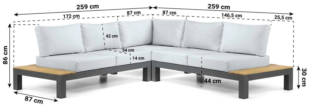 Loungeset 5 personen Aluminium/Teak Grijs Lifestyle Garden Furniture Vittoria