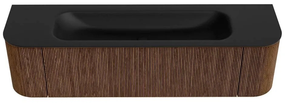 Mondiaz Kurve 170cm badmeubel ronding links/rechts walnut met 1 lade en 2 deuren en wastafel big large midden zonder kraangat urban