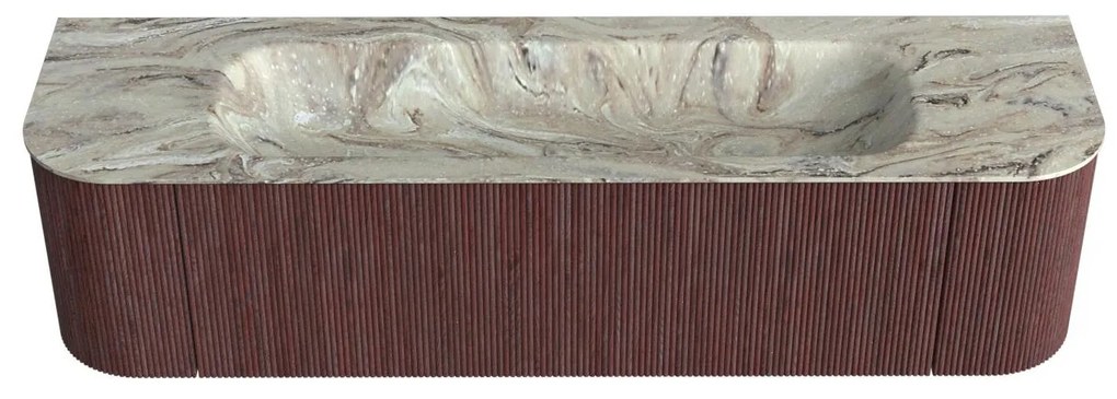 Mondiaz Kurve-dlux 170cm badmeubel ronding links/rechts ruby met 1 lade en 2 deuren en wastafel big large midden zonder kraangat glace