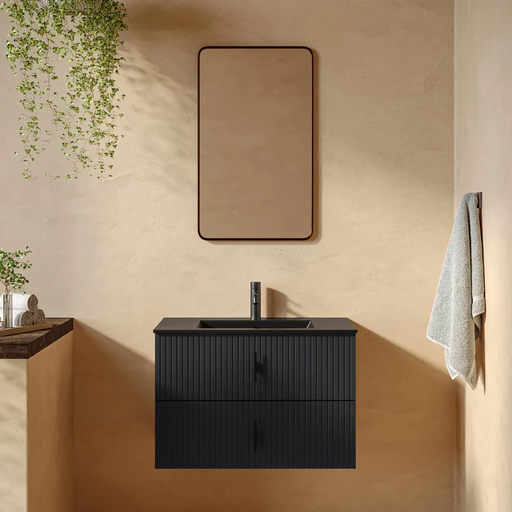 Muebles Marbella badmeubel ribbelfront 80cm antraciet mat met zwarte wastafel met kraangat