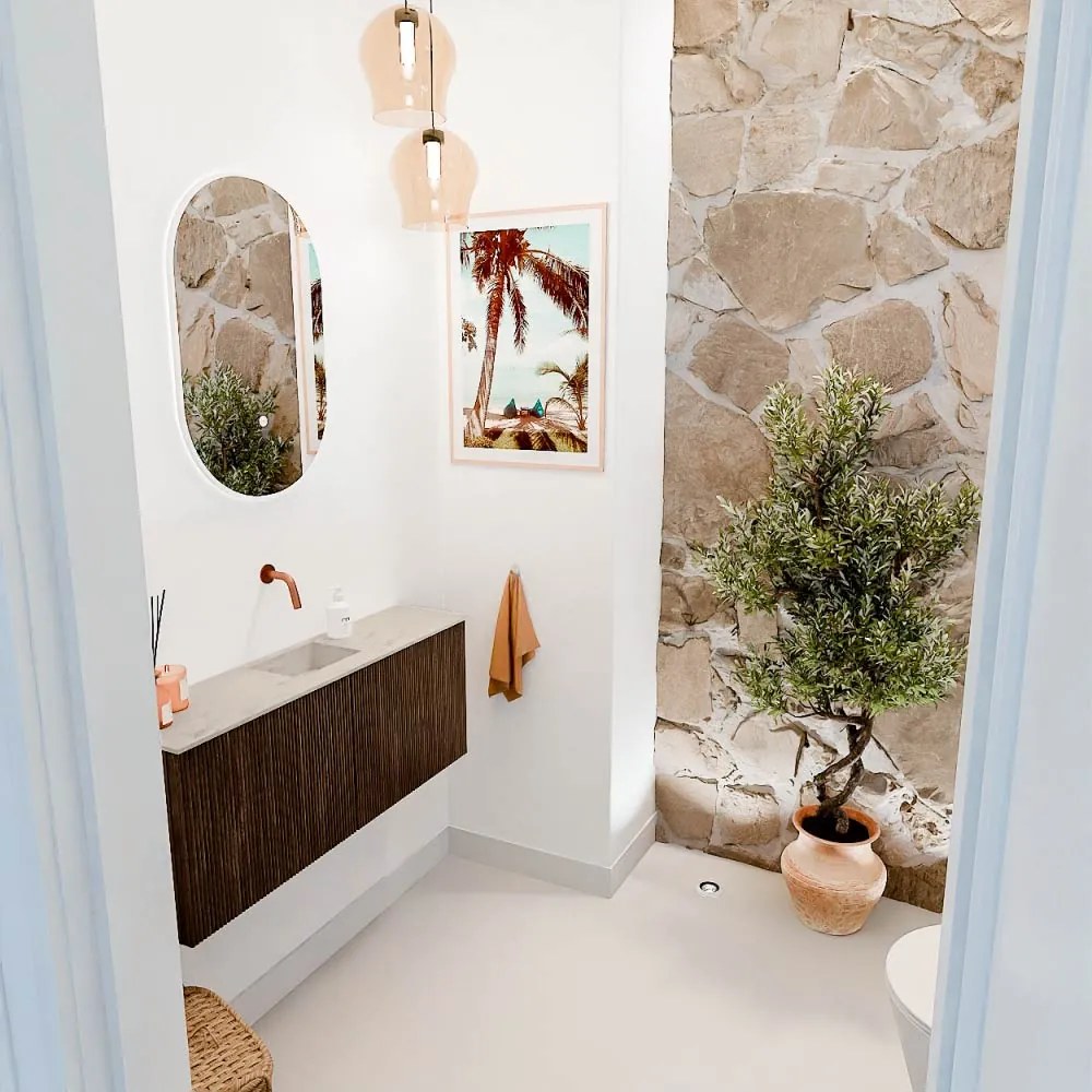 Mondiaz Joya DLux 100cm toiletmeubel walnut met wastafel faye midden zonder kraangat opalo