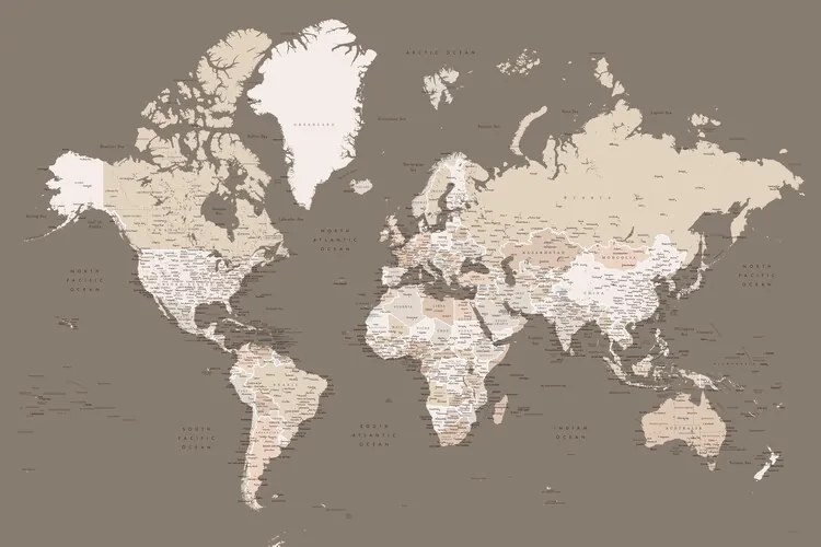 Kaart Earth tones detailed world map with cities, Blursbyai