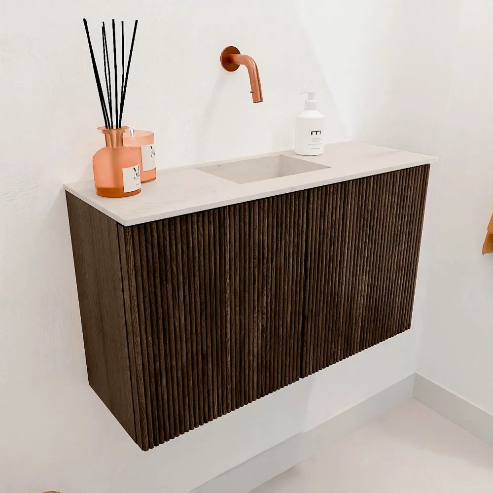 Mondiaz Joya DLux 70cm toiletmeubel walnut met wastafel faye midden zonder kraangat meli