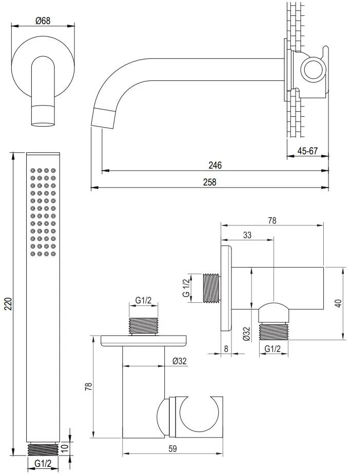 Brauer Gunmetal Carving thermostatische inbouw badkraan met uitloop en staafhanddouche set 3 gunmetal geborsteld PVD
