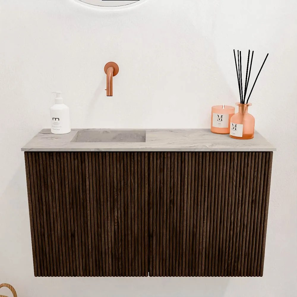 Mondiaz Joya DLux 70cm toiletmeubel walnut met wastafel faye links zonder kraangat glace