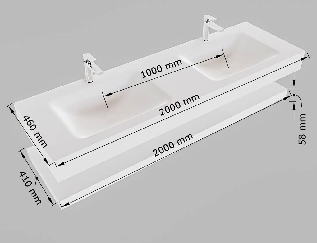 Mondiaz Alan DLux planchet 200cm met wastafel dubbel 2 kraangaten lava