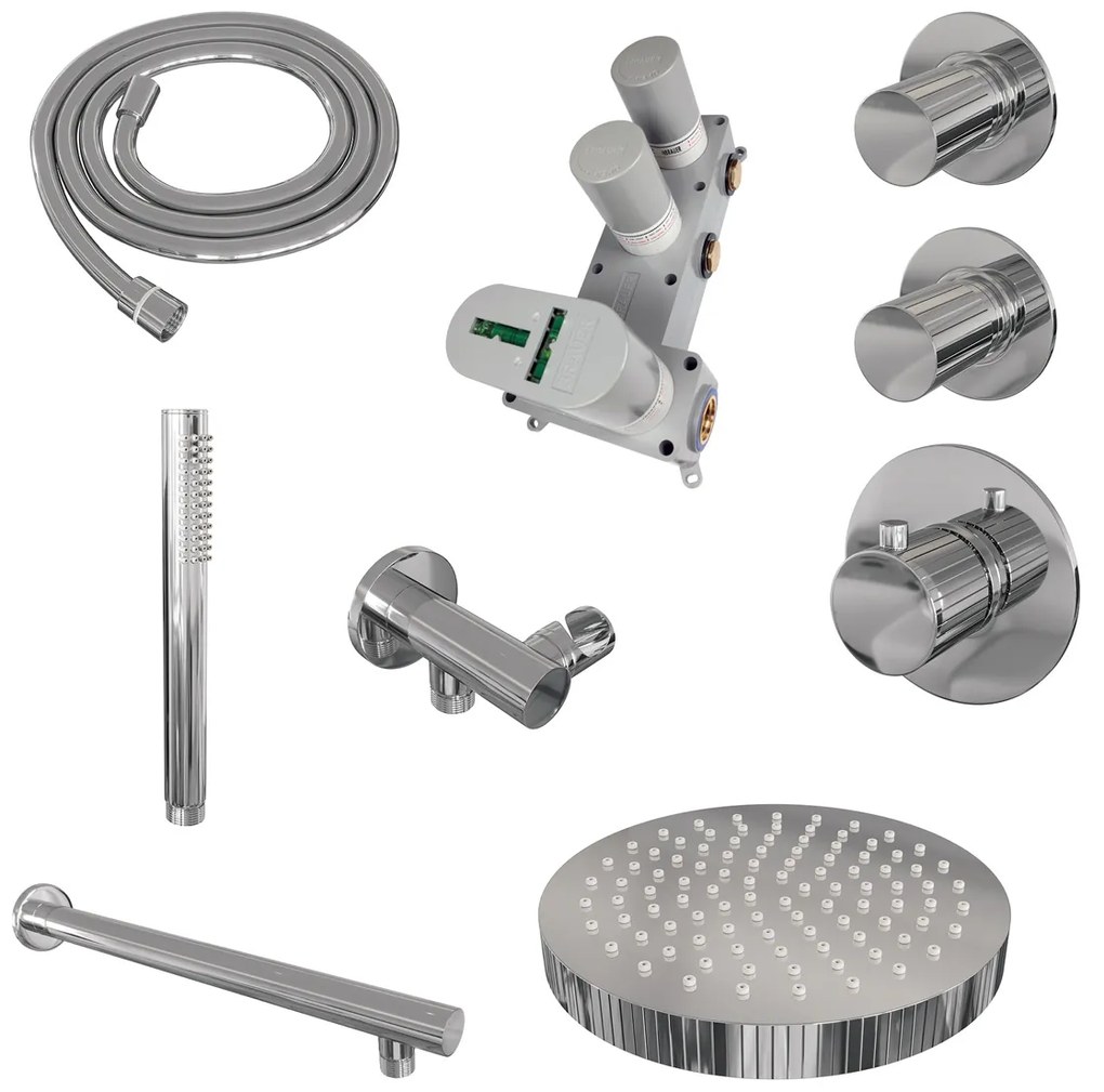 Brauer Stripe inbouw regendouche met 25cm hoofddouche, rechte muurarm en staafhanddouche set 1 chroom