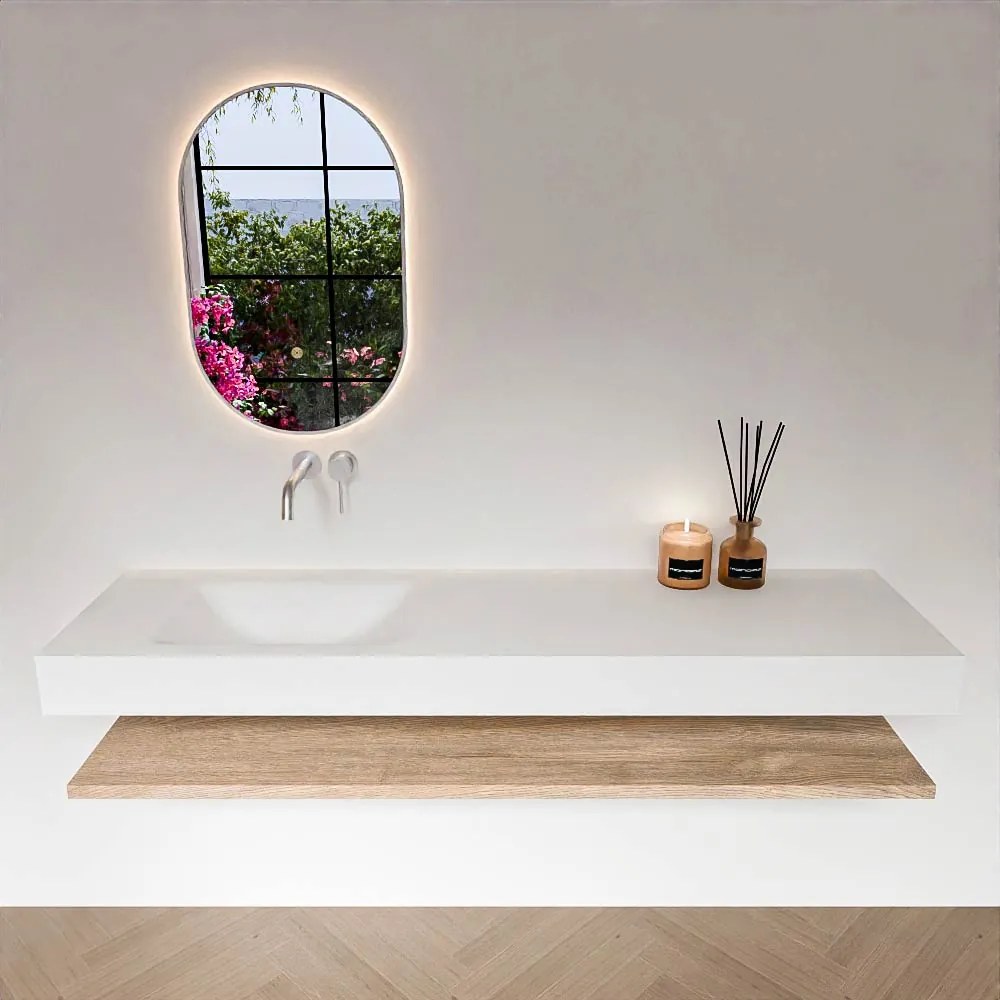 Zaro Alan badmeubel 170cm met planchet washed oak en vrijhangende wastafel cloud links zonder kraangat talc