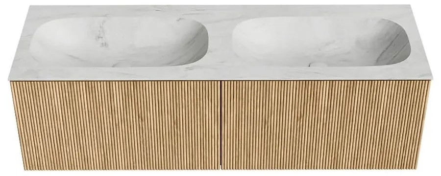 Mondiaz Kurve-dlux 140cm badmeubel oak met 2 lades en wastafel stor small dubbel 2 kraangaten opalo