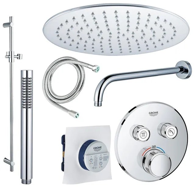 Grohe - Adema Rise Regendoucheset - Inbouw - 2 functies - met Adema Rise hoofddouche 30cm - staafhanddouche - wandarm - glijstang 90 cm - Grohe Grohtherm inbouwthermostaat - chroom sw105953 SW104917  SW696252 SW496810 SW767373 SW76