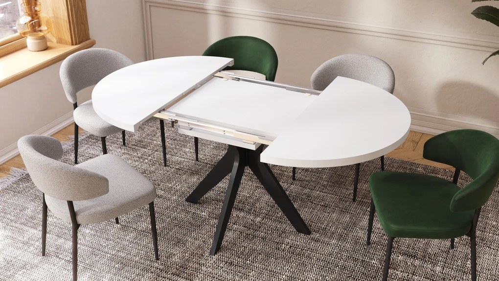 RENZO Wit/zwarte poot - RONDE TAFEL Ø110 UITKLAPBAAR TOT 180 cm | VOOR DE KEUKEN EETKAMER WOONKAMER RETRO