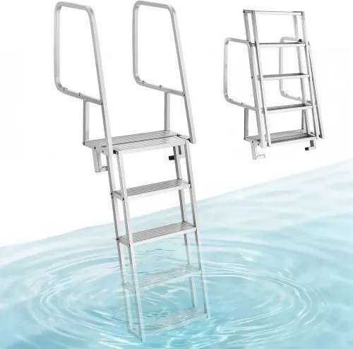 VEVOR opvouwbare aanlegsteigerladder, bootladder met 5 antislip treden, brede pedalen en leuning, draagvermogen 159 kg, aluminiumlegering zwembadladder, toegangsladder voor aanlegsteigers, zwembaden, meren, jachten, zilver