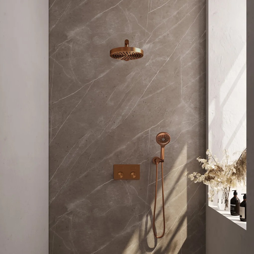 Brauer Stripe inbouw regendouche met 25cm hoofddouche, rechte muurarm en 3 standen handdouche set 28 koper geborsteld PVD