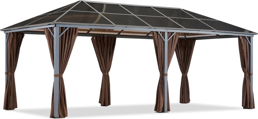 Milos tuinhuisje 3x6m met bruine gordijnen Tuinpunt