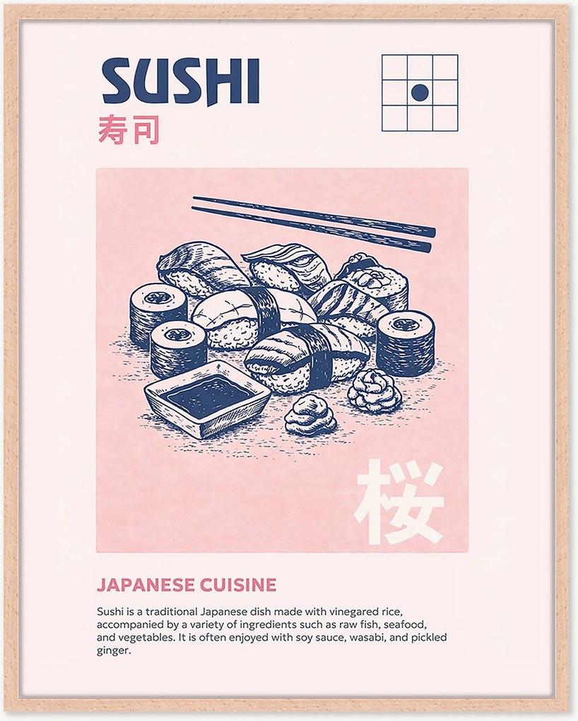 Ingelijste digitale print Sushi, handgemaakt