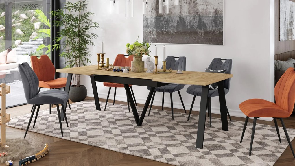 AVERY eik Craft goud/onderkant zwart - LOFT/INDUSTRIËLE TAFEL VOOR WOONKAMER / EETKAMER UITKLAPBAAR TOT 290 cm!