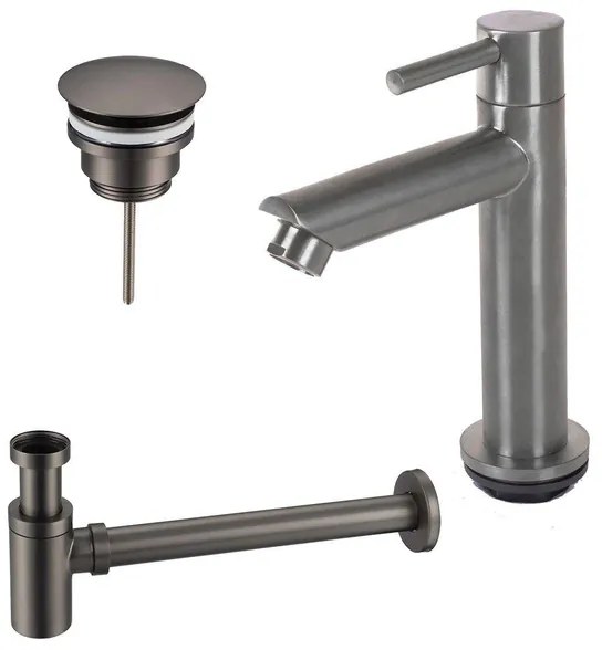 Fortifura Calvi fonteinkraanset met staande fonteinkraan laag, always open plug en design sifon PVD Geborsteld Geborsteld Gunmetal PVD SW696239 / SW769487 / SW767295