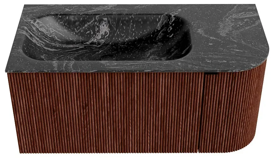Mondiaz Kurve-dlux 95cm badmeubel ronding rechts ruby met 1 lade en deur en wastafel big small kraangat links lava