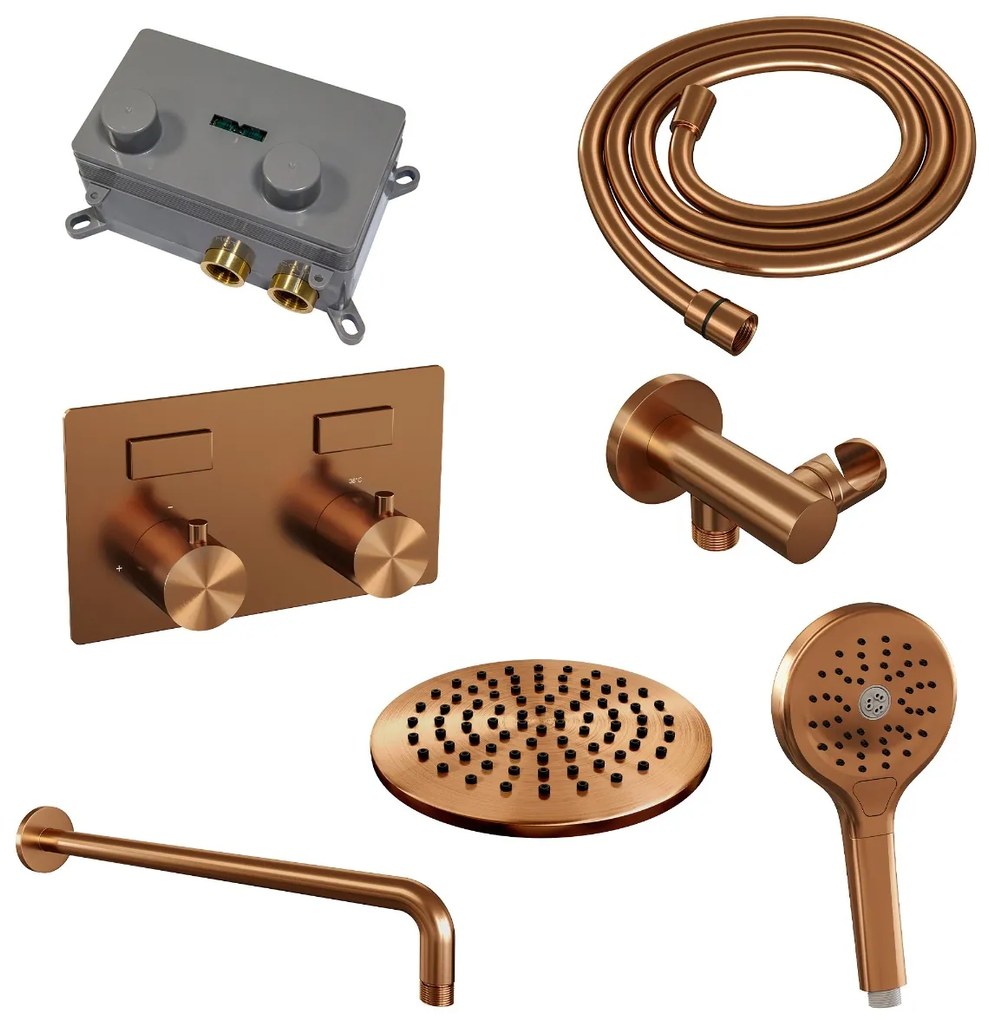 Brauer Copper Edition thermostatische inbouw regendouche met 3 standen handdouche, gebogen muurarm en hoofddouche 20cm set 57 koper geborsteld PVD