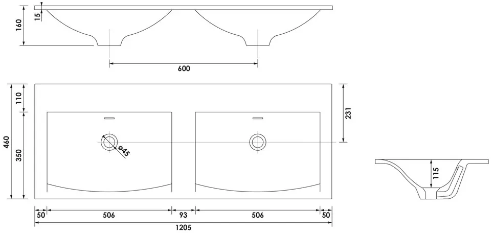 Brauer Glacier dubbele wastafel fine stone 120cm zonder kraangaten wit glans