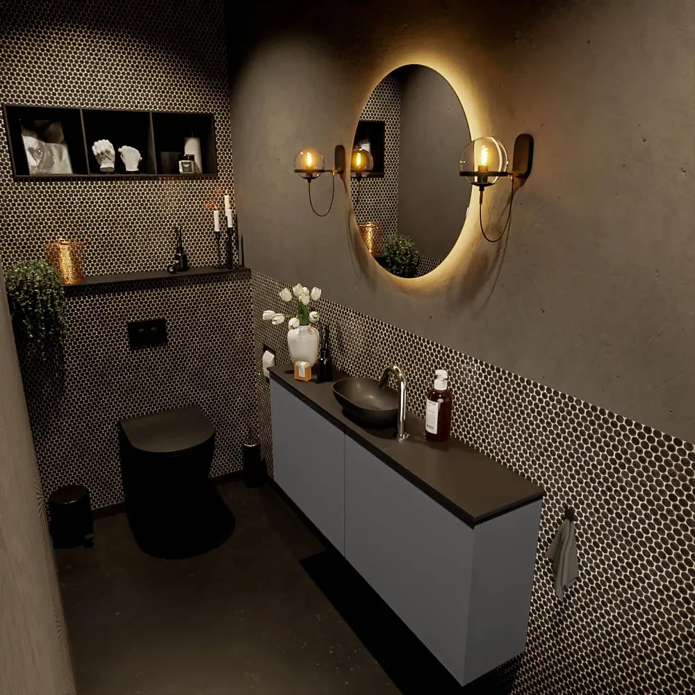 Mondiaz Fowy toiletmeubel 120cm dark grey met zwarte waskom midden en kraangat