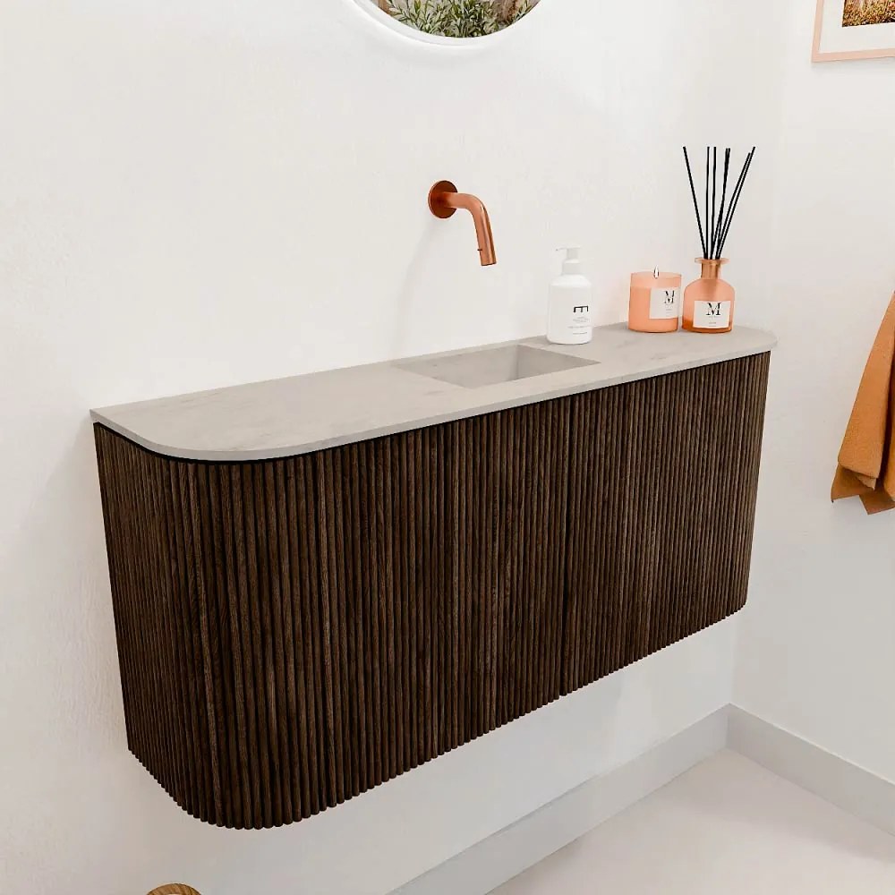 Mondiaz Joya DLux 95cm toiletmeubel ronding links/rechts walnut met wastafel faye midden zonder kraangat opalo