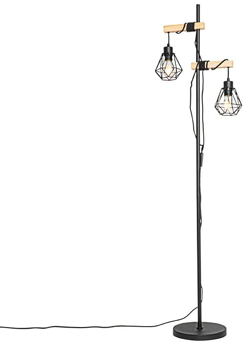 Landelijke vloerlamp zwart met hout 2-lichts - Chon Landelijk E27 Binnenverlichting Lamp