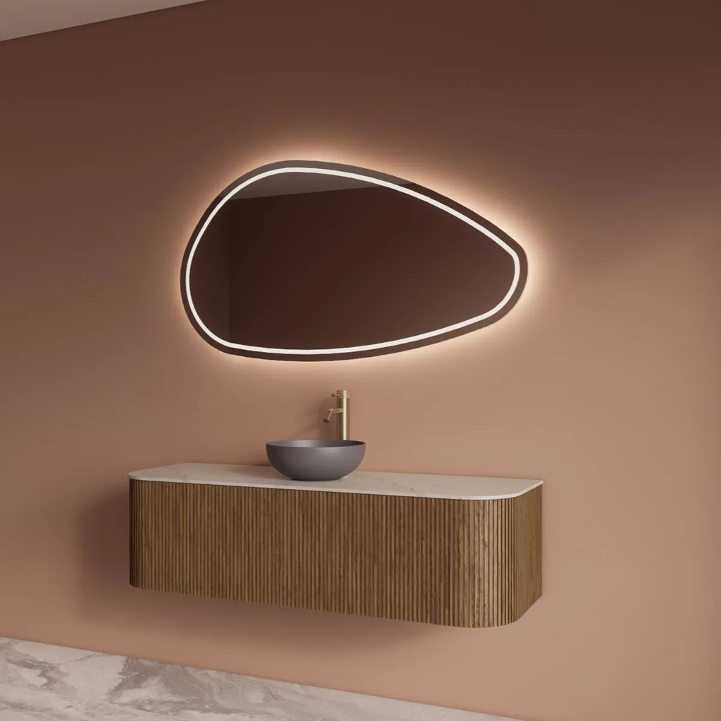 Gliss Design Alluro badmeubel ribbelfront met ronding links/rechts 140cm castle brown en wit marmer toppaneel