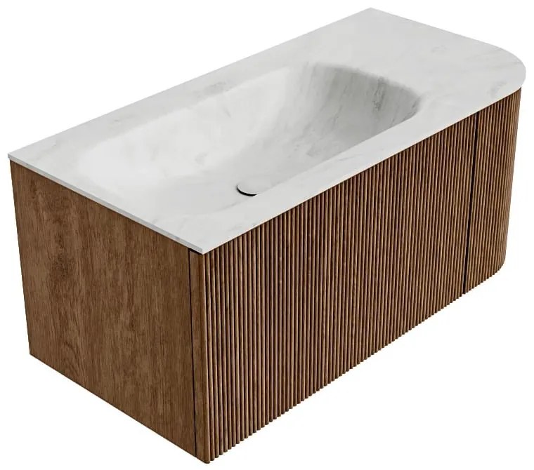 Mondiaz Kurve-dlux 95cm badmeubel ronding rechts walnut met 1 lade en deur en wastafel big small kraangat links opalo