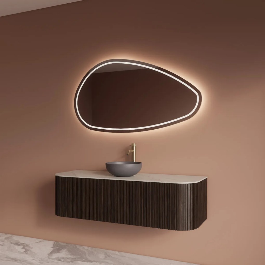 Gliss Design Alluro badmeubel ribbelfront met ronding links/rechts 140cm ebony en wit marmer toppaneel